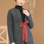 سترة نسائية رمادية مع رباط أحمر تصميم رائع و جذاب – صناعة تركية