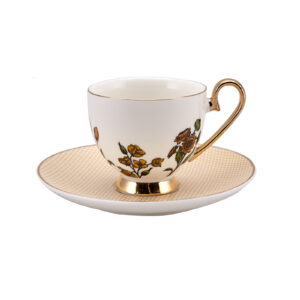 طقم فناجين قهوة أبيض وذهبي مع زخرفة نباتية تصميم حديث وراقي - صناعة تركية
