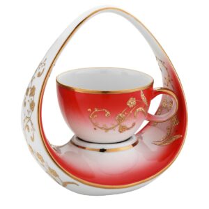 فنجان قهوة تركية صناعة يدوية بتصميم فاخر على شكل سلة - بورسلين أحمر مزخرف