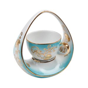 فنجان قهوة تركية صناعة يدوية بتصميم فاخر على شكل سلة - بورسلين تركوازي مزخرف