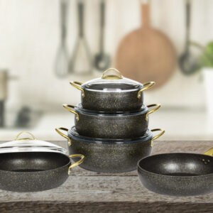 طقم طناجر طهي أسود وذهبي 9 قطع تصميم حديث وراقي– صناعة تركية