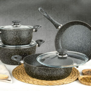 طقم طناجر طهي أسود 9 قطع تصميم حديث وراقي– صناعة تركية