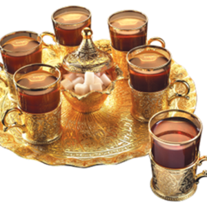 مجموعة تركية - طقم 6 كاسات مع الصينية مزخرفة خاصة للشاي – لون ذهبي