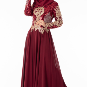 فستان سهرة نسائي أحمر منقوش تصميم رائع و جذاب – صناعة تركية