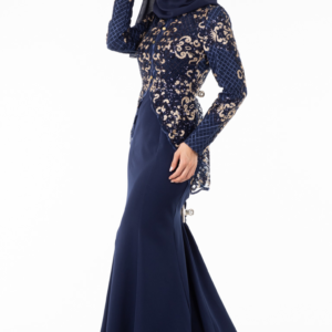 فستان سهرة نسائي أزرق داكن منقوش تصميم رائع و جذاب – صناعة تركية