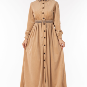 فستان نسائي بيج مع أزرار تصميم جذاب - صناعة تركية