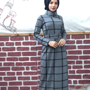 فستان نسائي رمادي مخطط تصميم رائع و جذاب – صناعة تركية