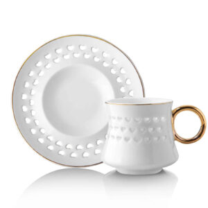 طقم فناجين قهوة أبيض مع قلوب منقوشة تصميم حديث ورائع – صناعة تركية