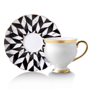 طقم فناجين قهوة أبيض وأصفر مع أطباق مزخرفة تصميم حديث ورائع – صناعة تركية