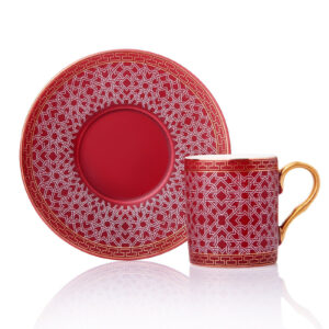 طقم فناجين قهوة أحمر مع زخرفة هندسية تصميم راقي وحديث – صناعة تركية