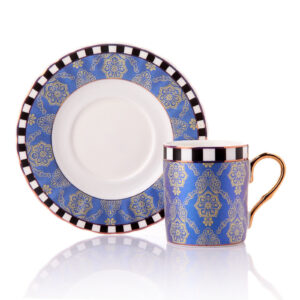 طقم فناجين قهوة أزرق مع زخرفة نباتية تصميم حديث ورائع – صناعة تركية