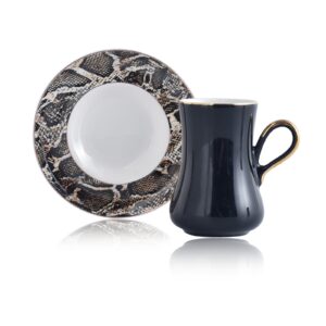 طقم فناجين قهوة أسود مع أطباق على شكل جلد الأفعى تصميم رائع وجذاب – صناعة تركية