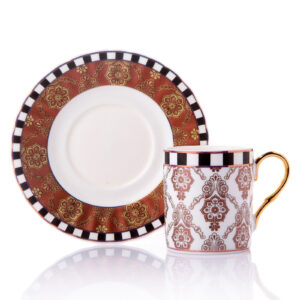 طقم فناجين قهوة بني مع زخرفة نباتية تصميم حديث ورائع – صناعة تركية