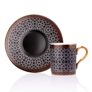 طقم فناجين قهوة بني وأسود مع زخرفة هندسية تصميم راقي وحديث – صناعة تركية