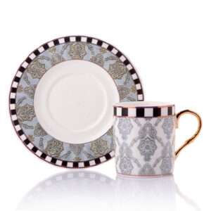 طقم فناجين قهوة رمادي مع زخرفة نباتية تصميم حديث ورائع – صناعة تركية