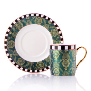 طقم فناجين قهوة زيتي مع زخرفة نباتية تصميم حديث ورائع – صناعة تركية