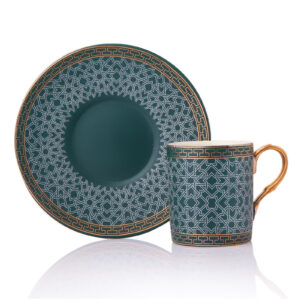 طقم فناجين قهوة زيتي مع زخرفة هندسية تصميم راقي وحديث – صناعة تركية