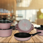 طقم طناجر طهي وردي 9 قطع تصميم حديث وراقي – صناعة تركية