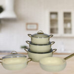 طقم طناجر طهي كريمي وذهبي 9 قطع – صناعة تركية