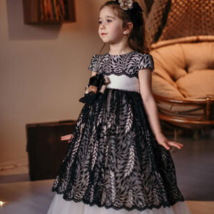 فستان مناسبات بناتي أسود و أبيض مطرز بتصميم جميل و جذاب – صناعة تركية
