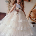 Light beige girls' occasion dress, embroidered with a beautiful and attractive design - Turkish Product