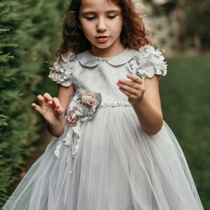 فستان مناسبات بناتي رمادي مطرز بتصميم جميل و جذاب – صناعة تركية