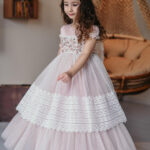 Light pink and white girls' occasions dress, embroidered with a beautiful and attractive design - Turkish product