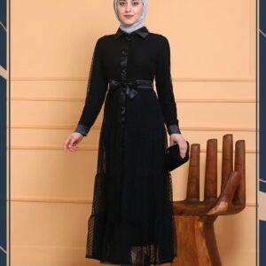 فستان نسائي أسود مع أزرار بتصميم رائع وجذاب / صناعة تركية - بيع بالجملة